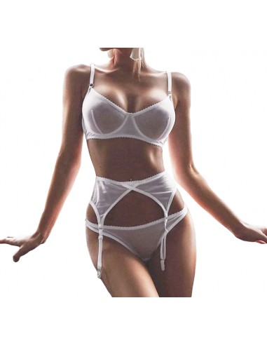 KOMPLET Bielizny Damskiej STANIK Choker PASY NA UDA BRZUCH STRING Biały S