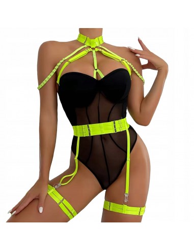 Seksowny KOMPLET Bielizny Damskiej PASY CHOKER STANIK FIGI FLUO Zielony L