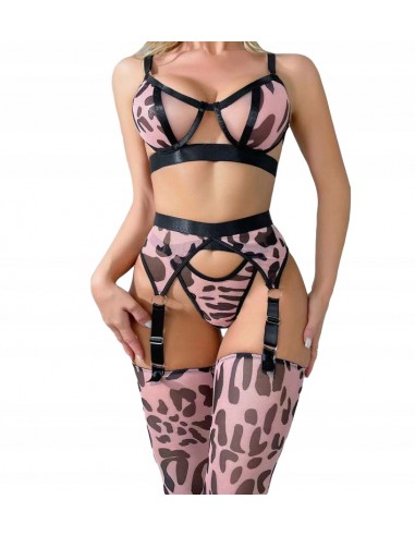 Sexy KOMPLET Bielizny Damskiej LEOPARD PASY STANIK STRINGI MORO RÓŻOWY M