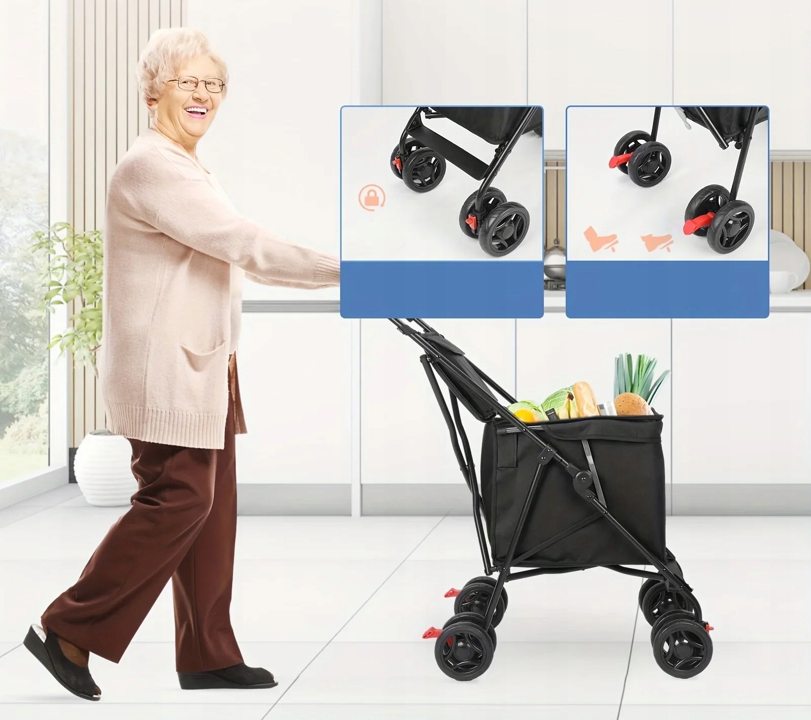 Wózek ZAKUPOWY na Zakupy PSA PCHANY DO PRZODU STABILNY SENIORA 4kołowy DUŻY - obrazek 5