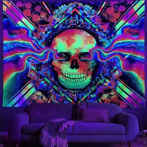 Dekoracja ŚCIENNA UV OBRAZ Fluorescencyjny GOBELIN ODBLASK 150x150cm Czacha - miniatura 2