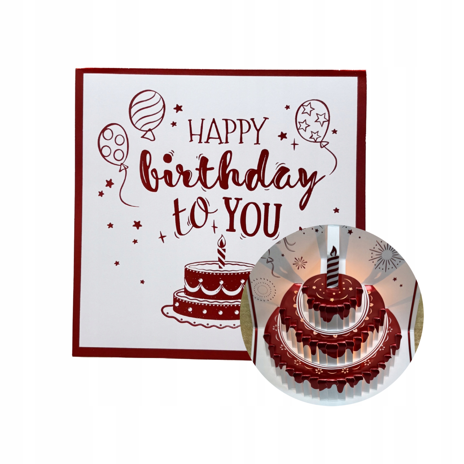 Kartka URODZINOWA GRAJĄCA Melodyjka ŚWIATŁO TORT LED ŚWIECZKA CZERWONA - zdjęcie 1