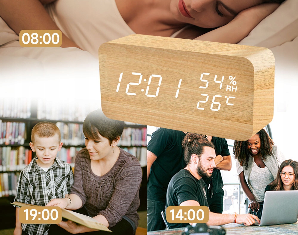 DREWNIANY ZEGAR BUDZIK Z TERMOMETREM KLASKACZ NA USB LUB BATERIE - obrazek 6