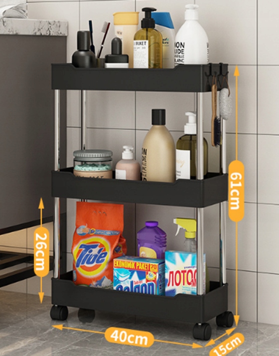 PÓŁKA Łazienkowa KUCHENNA SZAFKA MOBILNA REGAŁ Kółka 3 poziomy CZARNA - zdjęcie 2