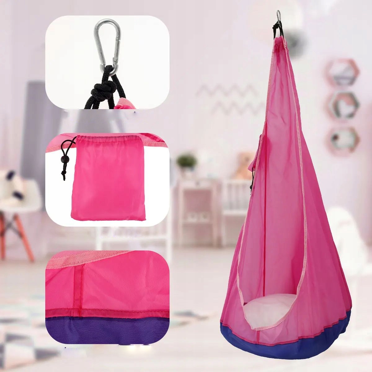 HUŚTAWKA OGRODOWA DOMOWA KOKON DLA DZIECI FOTEL WISZĄCY SIEDZISKO RÓŻOWY - obrazek 8