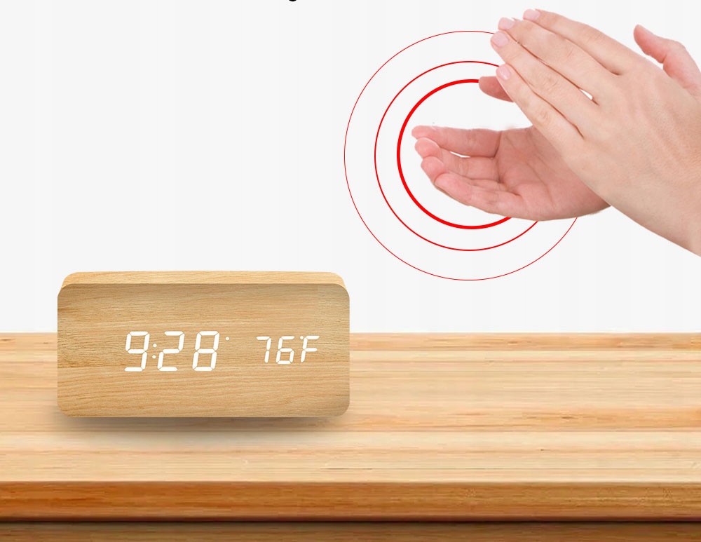 DREWNIANY ZEGAR BUDZIK Z TERMOMETREM KLASKACZ NA USB LUB BATERIE - obrazek 3