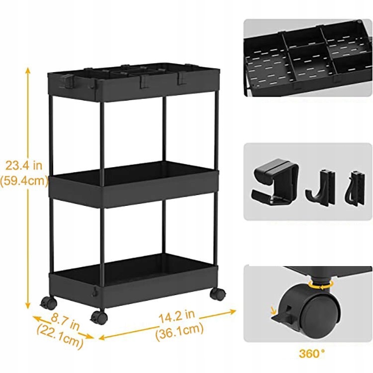 PÓŁKA Łazienkowa KUCHENNA SZAFKA MOBILNA REGAŁ Kółka 4 poziomy CZARNA - zdjęcie 7