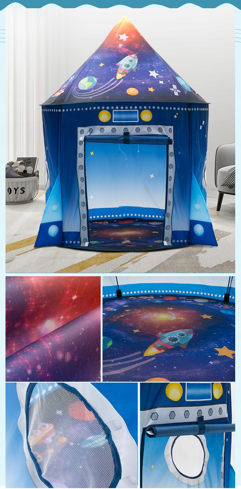NAMIOT DLA DZIECI DO POKOJU DOMU OGRODU STATEK KOSMICZNY RAKIETA 135x100cm - obrazek 10