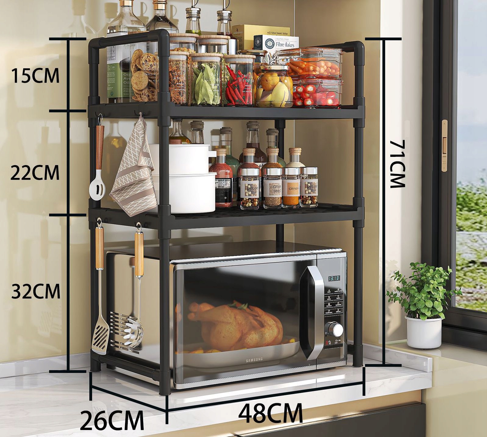 PÓŁKA KUCHENNA pod mikrofalówkę SZAFKA ORGANIZER CZARNA 3poziomy 48cm REGAŁ - obrazek 4