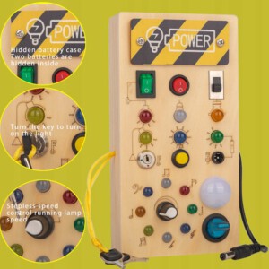 TABLICA MONTESSORI SENSORYCZNA DREWNIANA MANIPULACYJNA LED DLA DZIECI - miniatura 5