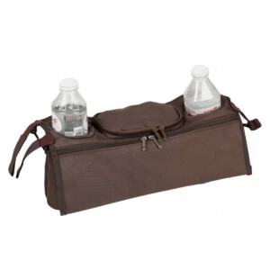 Uchwyt ORGANIZER do WÓZKA DZIECIĘCEGO Butelki TORBA Podwójny SZEROKI Brąz