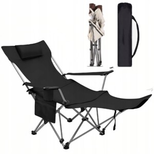 LEŻAK OGRODOWY TURYSTYCZNY PLAŻOWY SKŁADANY POKROWIEC CZARNY FOTEL PODNÓŻEK