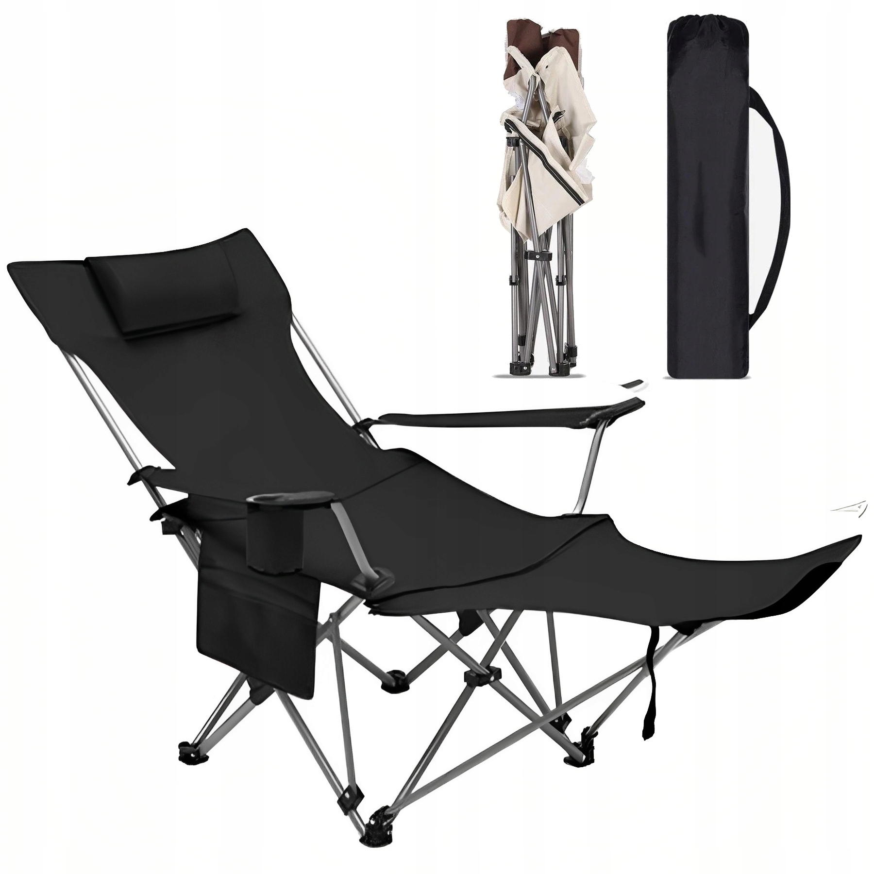 LEŻAK OGRODOWY TURYSTYCZNY PLAŻOWY SKŁADANY POKROWIEC CZARNY FOTEL PODNÓŻEK