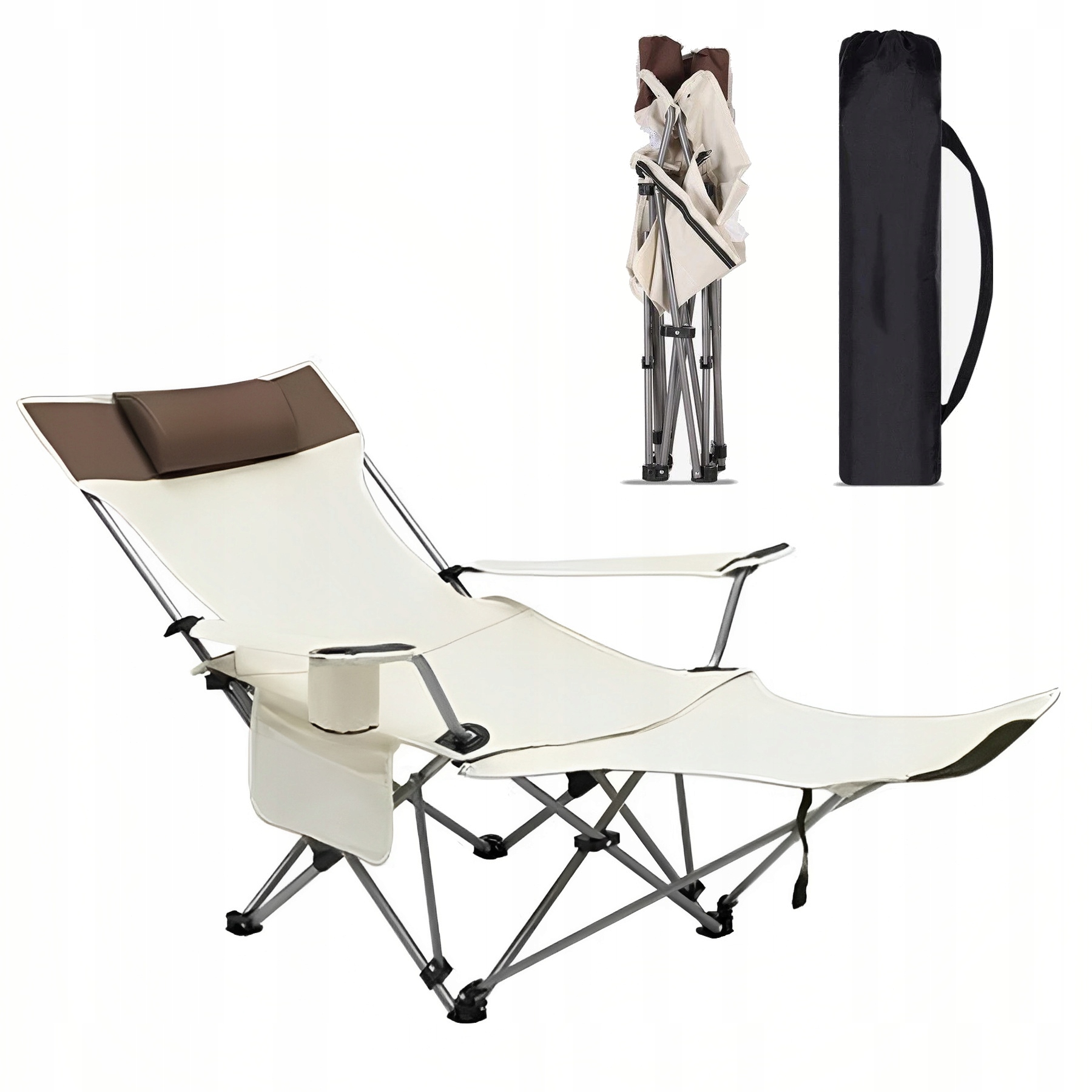 LEŻAK OGRODOWY TURYSTYCZNY PLAŻOWY SKŁADANY POKROWIEC BEŻOWY FOTEL PODNÓŻEK