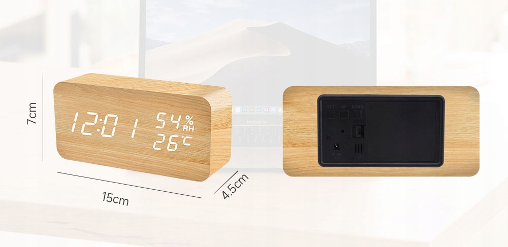 DREWNIANY ZEGAR BUDZIK Z TERMOMETREM KLASKACZ NA USB LUB BATERIE - obrazek 2