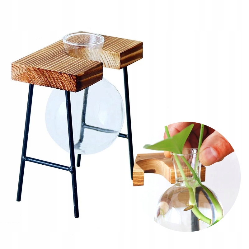 DONICA Ozdobna SZKLANA DREWNO Hydroponika UKORZENIACZ 1szt STOJAK BAMBUS