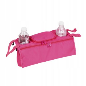 Uchwyt ORGANIZER do WÓZKA DZIECIĘCEGO Butelki TORBA Podwójny SZEROKI Roż