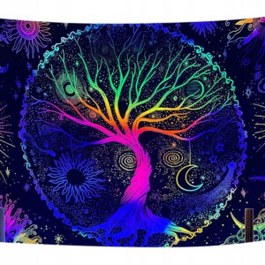 Dekoracja ŚCIENNA UV OBRAZ Fluorescencyjny GOBELIN ODBLASK Tęczowe Drzewo