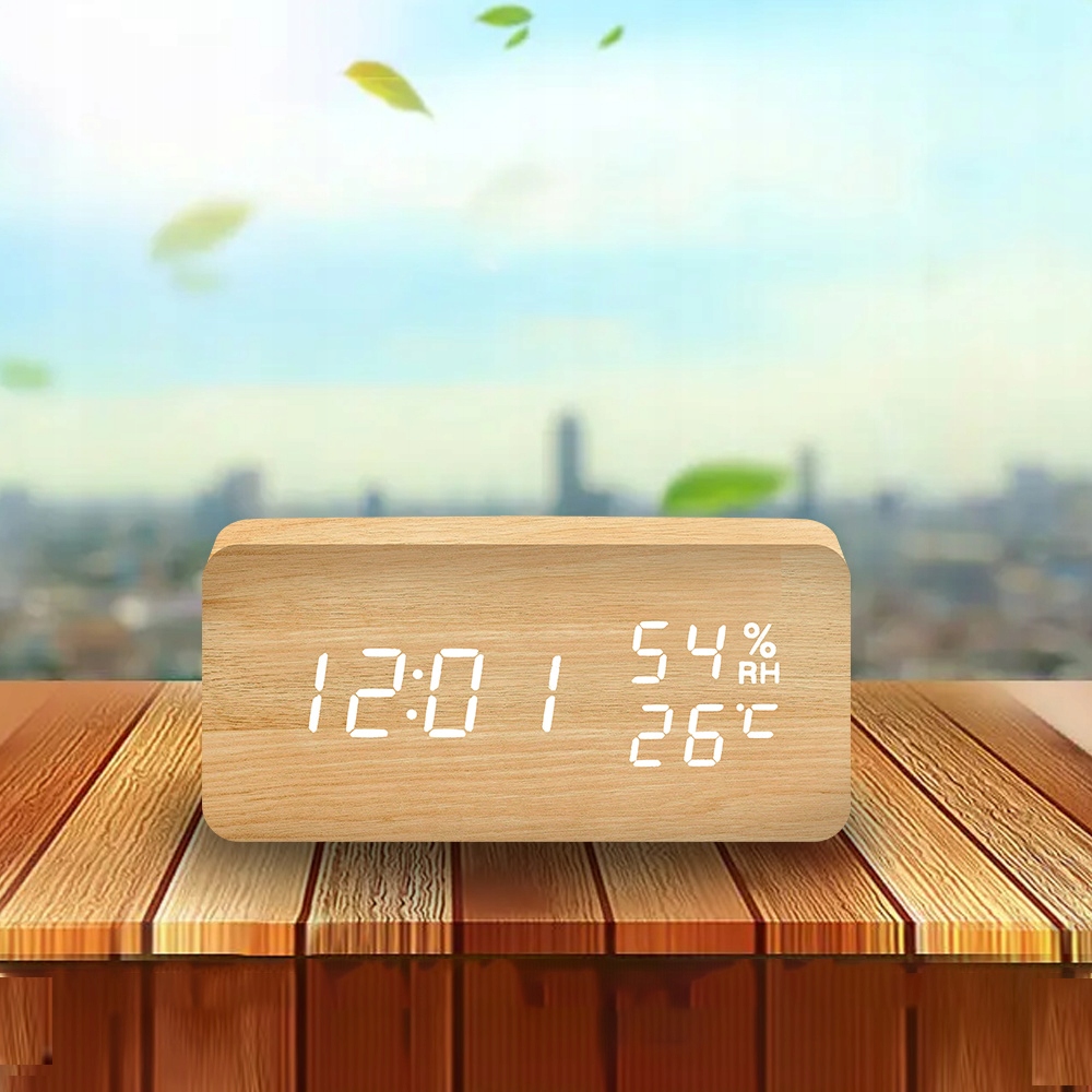 DREWNIANY ZEGAR BUDZIK Z TERMOMETREM KLASKACZ NA USB LUB BATERIE - obrazek 4