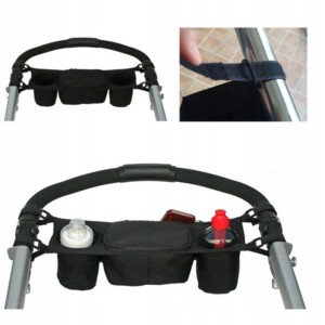 Uchwyt ORGANIZER do WÓZKA DZIECIĘCEGO Butelki TORBA Podwójny SZEROKI Czarny - miniatura 9