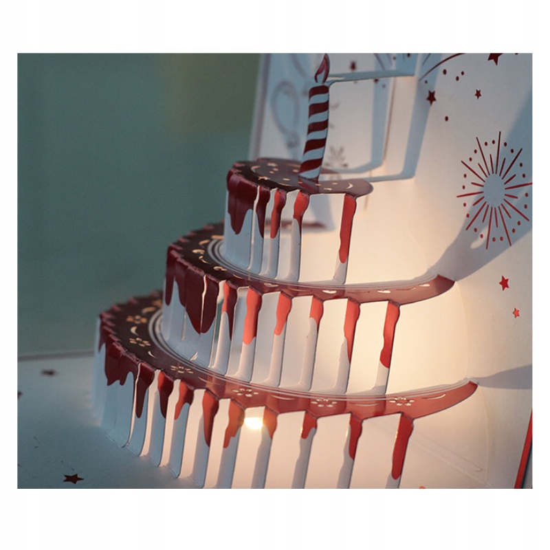 Kartka URODZINOWA GRAJĄCA Melodyjka ŚWIATŁO TORT LED ŚWIECZKA CZERWONA - zdjęcie 4