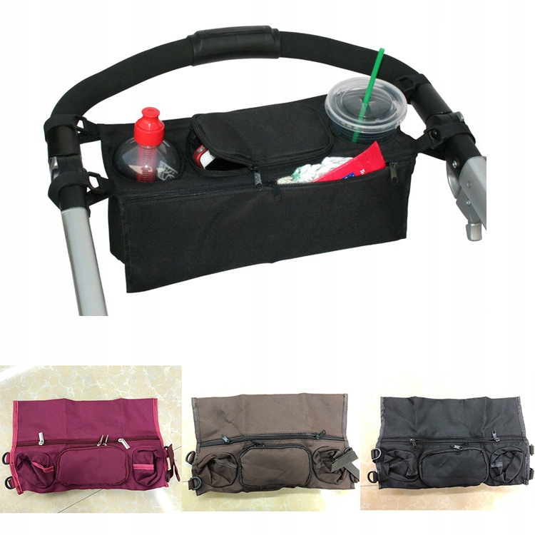 Uchwyt ORGANIZER do WÓZKA DZIECIĘCEGO Butelki TORBA Podwójny SZEROKI Czarny - obrazek 11