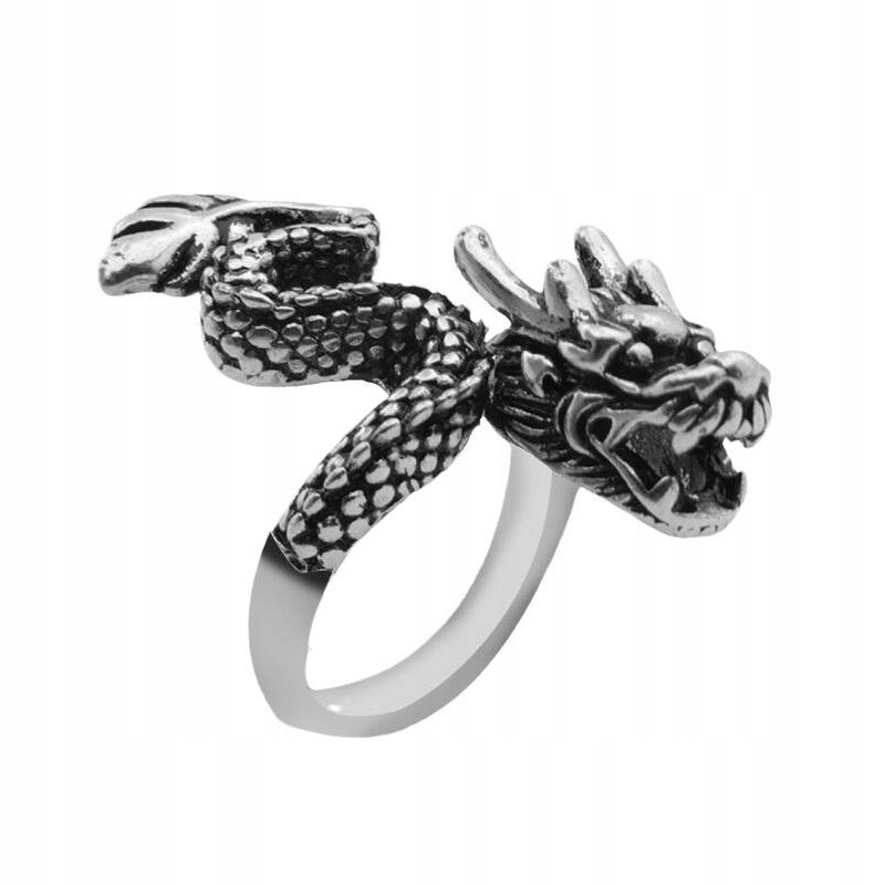 Pierścień obrączka sygnet smok regulowany vintage męski srebrny metalowy - zdjęcie 1