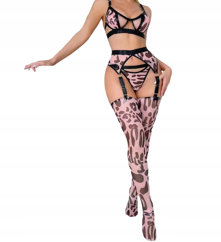 Sexy komplet bielizny damskiej panterka pasy stanik stringi moro różowy l - zdjęcie 3