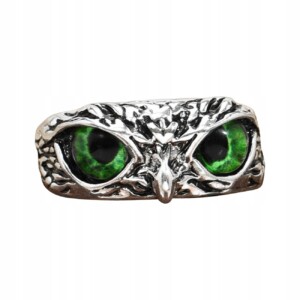 Srebrny pierścionek sowa regulowany oczy zielony - miniatura 1