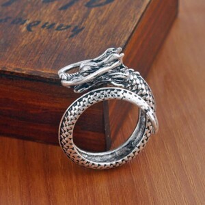 Pierścień obrączka sygnet smok regulowany vintage unisex srebrny metalowy - miniatura 4