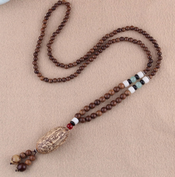 Naszyjnik drewniany nepal buddyjski mala amulet koraliki handmade tybet - obrazek 4
