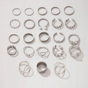 Srebrny zestaw pierścionków retro punk boho piękny 23 pierścionki 14-18 mm - miniatura 2