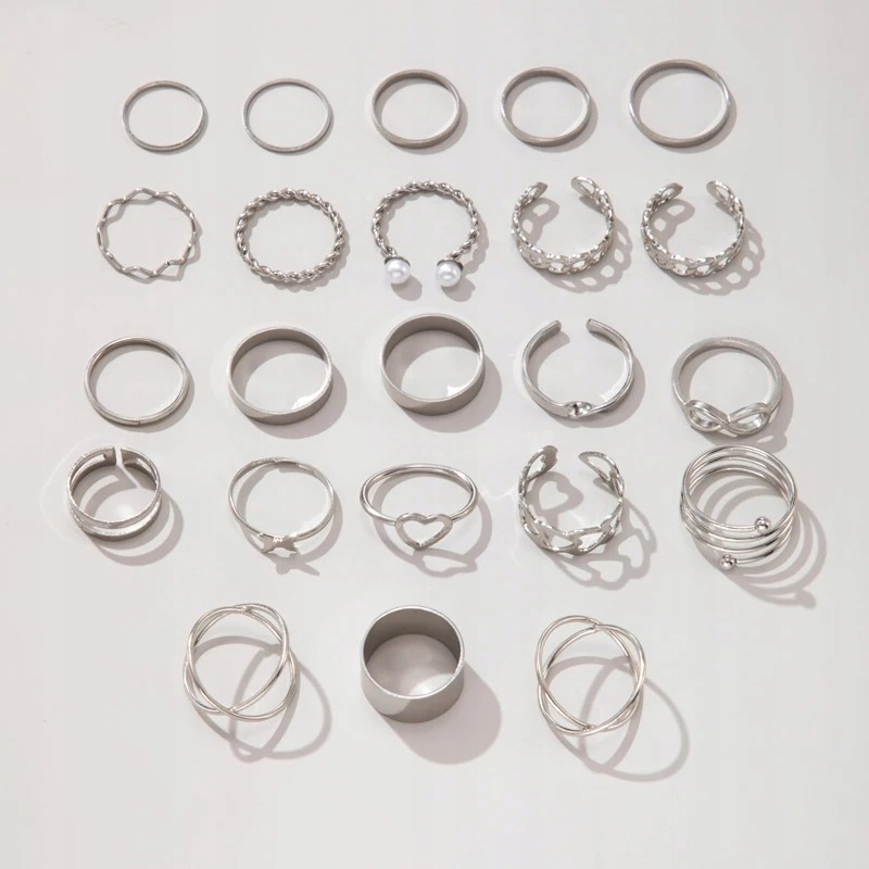 Srebrny zestaw pierścionków retro punk boho piękny 23 pierścionki 14-18 mm - zdjęcie 2