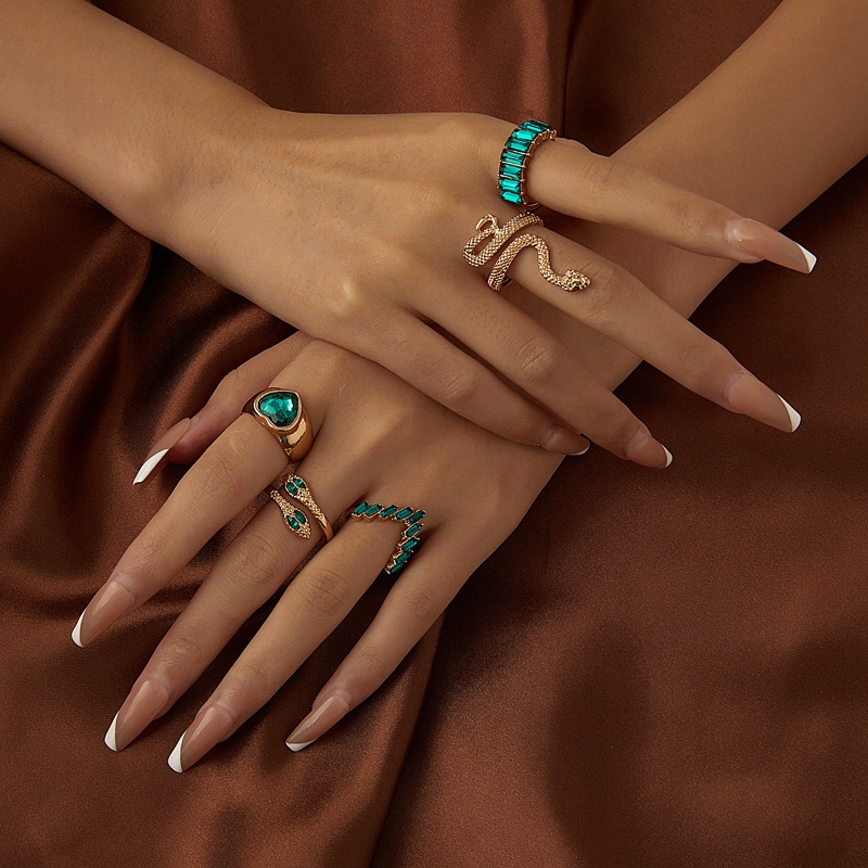 Zestaw złotych pierścionków retro punk vintage 5 sztuk wąż serce zielony - obrazek 6