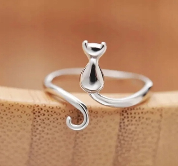 Srebrny damski pierścionek regulowany uniwersalny kotek ogon piękny modny - obrazek 3
