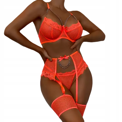Piękny komplet bielizny damskiej stanik stringi pasy podwiązki pomarańcz l - zdjęcie 3