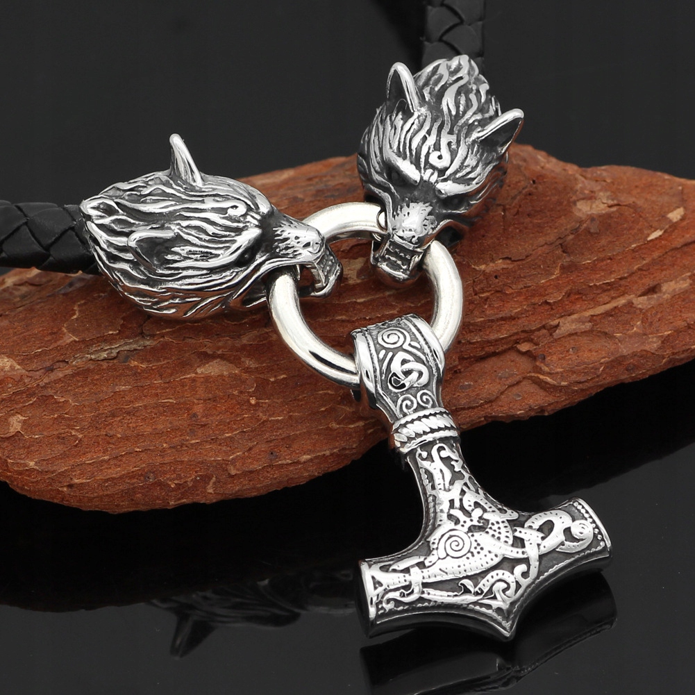 Naszyjnik srebrny męski młot thora wilki gruby 356 - obrazek 4