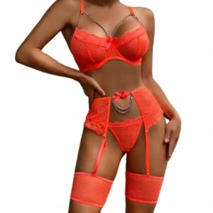 Piękny komplet bielizny damskiej stanik stringi pasy podwiązki pomarańcz l - miniatura 2