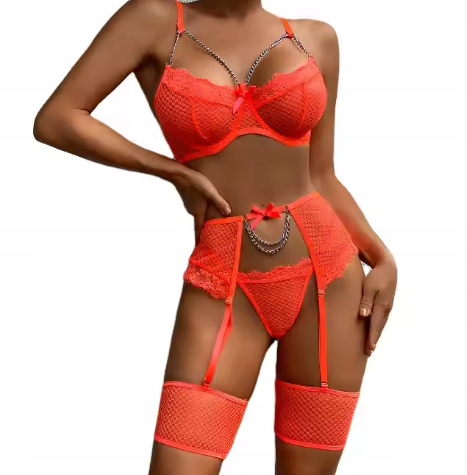 Piękny komplet bielizny damskiej stanik stringi pasy podwiązki pomarańcz l - zdjęcie 2