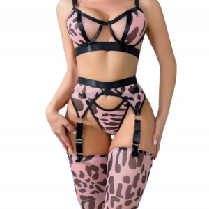 Sexy komplet bielizny damskiej panterka pasy stanik stringi moro różowy l - miniatura 1