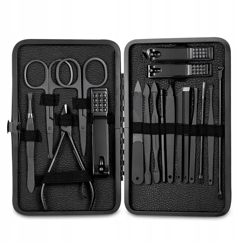 Zestaw do manicure pedicure twarzy podróżny 18 szt xxl czarny cążki etui