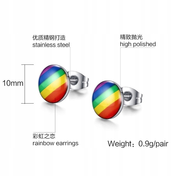 Kolczyki do ucha tęczowe tęcza lgbt okrągłe stalowe 10mm - obrazek 5
