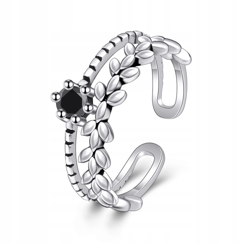 Srebrny damski pierścionek regulowany uniwersalny prezent czarna cyrkonia - obrazek 2