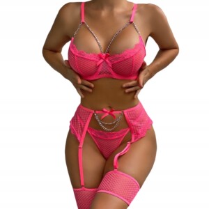 Piękny komplet bielizny damskiej stanik stringi pasy łańcuszki różowy l - miniatura 3