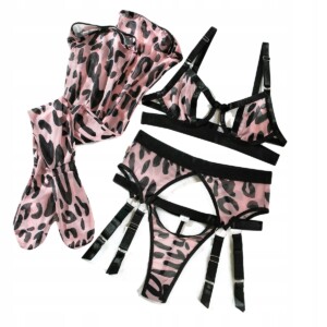 Sexy komplet bielizny damskiej panterka pasy stanik stringi moro różowy l - miniatura 5