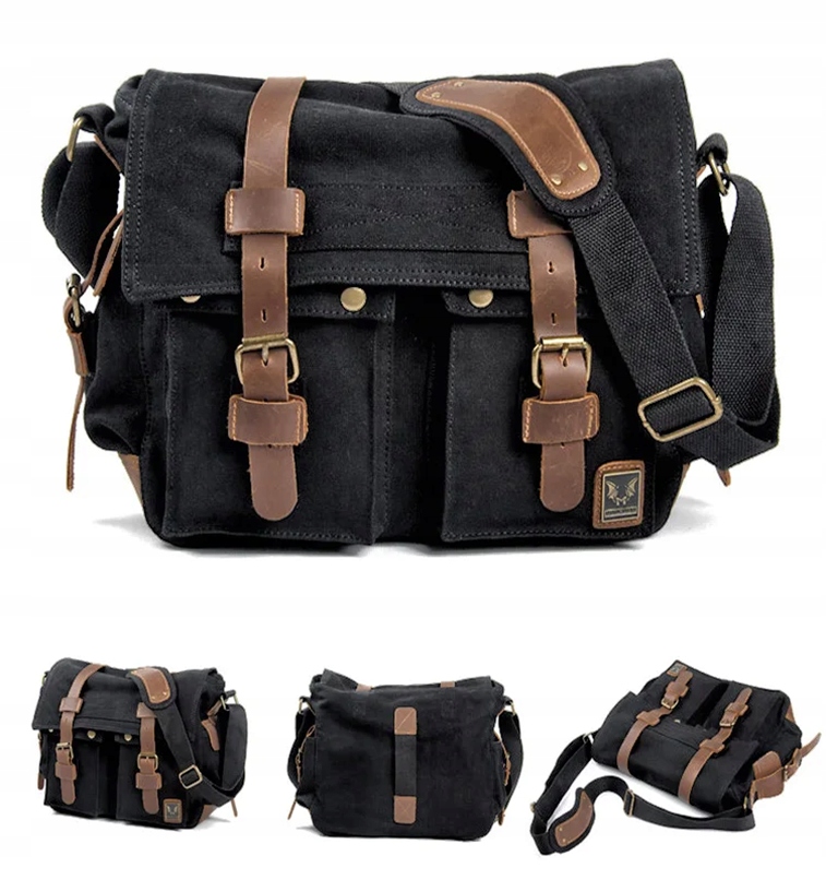 Duża torba męska listonoszka vintage retro miejska ekoskóra czarno brązowa - zdjęcie 1