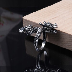 Pierścień obrączka sygnet smok regulowany vintage męski srebrny metalowy - miniatura 4