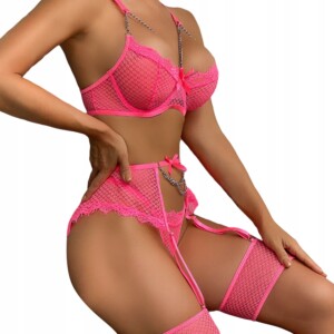 Piękny komplet bielizny damskiej stanik stringi pasy łańcuszki różowy l - miniatura 5