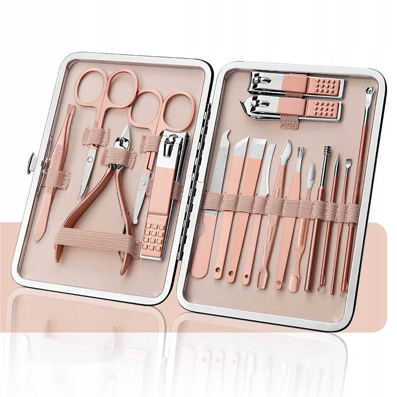Zestaw do manicure pedicure do twarzy turystyczny 18 elementów różowy etui - zdjęcie 2