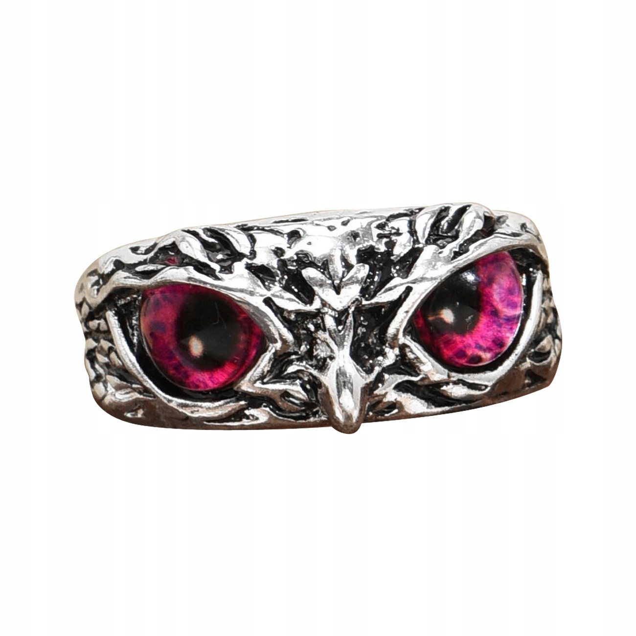 Srebrny pierścionek sowa regulowany oczy różowy